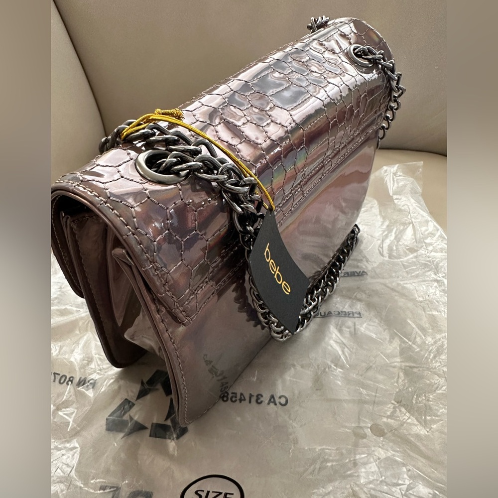 NWT BEBE Ona Crossbody Iridescent Holographic Silver Metallic Quilt Chain Purse - Picture 10 of 12